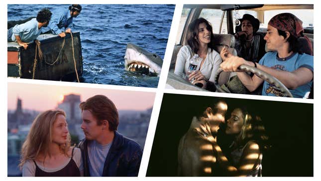 Clockwise from bottom left: Before Sunrise (Columbia Pictures), Jaws (Universal Pictures), Y Tu Mamá También (20th Century Fox), Body Heat (Warner Bros.)