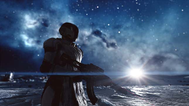 An explorer wields a weapon as the sun sets.