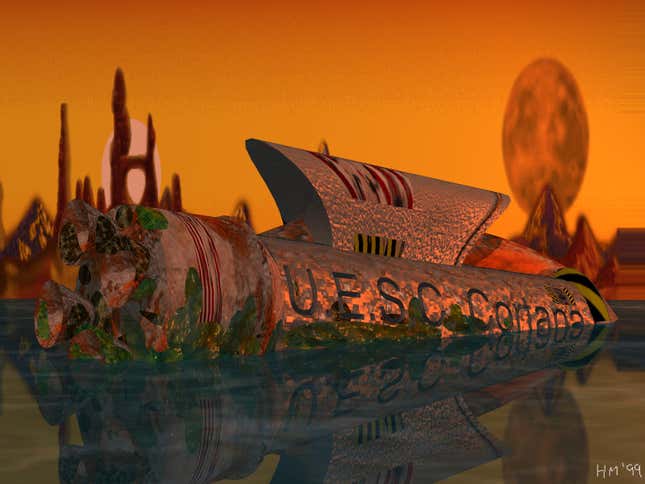 Fan art shows a sunken ship with the name U.E.S.C. Cortana written on it.
