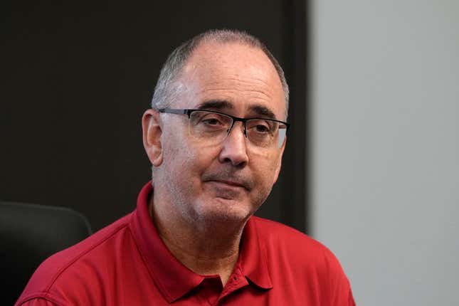 File - United Auto Workers President Shawn Fain is interviewed on Sept. 6, 2023, in Detroit. Before Shawn Fain became the rallying voice for thousands of unionized auto workers striking at major car companies today, he was an electrician for Chrysler in his hometown of Kokomo, Indiana. (AP Photo/Carlos Osorio, File)