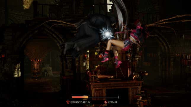 Το Ghostface χτυπάει τη Mileena στον αέρα κατά τη διάρκεια μιας επανάληψης λήψης.