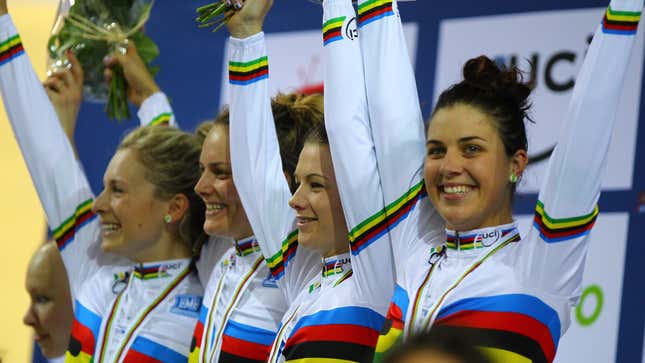 Melissa Hoskins after winning the team pursuit at the 2015 UCI Track World Championships