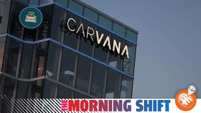 A photo of the Carvana glass tower of cars with The Morning Shift banner along the bottom. 