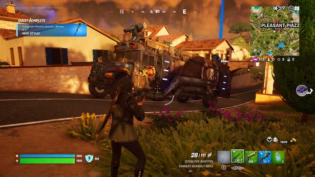 A player looks at a Fortnite Warbus on a street.