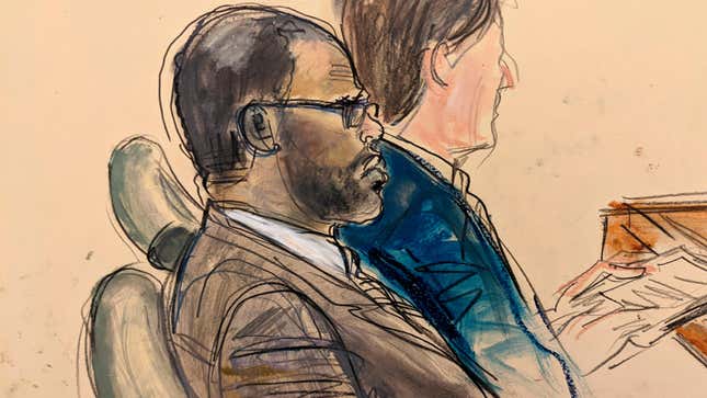 In this courtroom artist’s sketch made from a video screen monitor of a Brooklyn courtroom, defendant R. Kelly, left, listens during the opening day of his trial, Wednesday, Aug. 18, 2021 in New York. The prosecutor described sex abuse claims against Kelly, saying the long-anticipated trial now underway was “about a predator” who used his fame to entice girls, boys and young women before dominating and controlling them physically, sexually and psychologically.