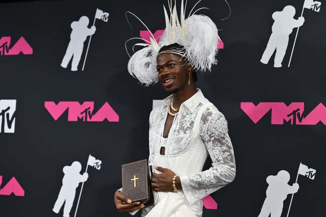 Lil Nas X poses in the press room during the MTV Video Music Awards at the Prudential Center in Newark, New Jersey, on September 12, 2023.