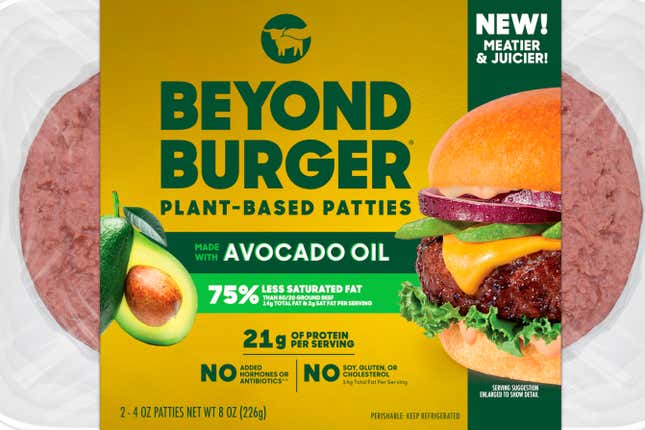 This image provided by Beyond Meat shows packaging for the latest iteration of the plant-based Beyond Burger. Beyond Meat, which has been struggling with falling U.S. demand, reformulated its burger to contain less fat and more protein. (Beyond Meat, Inc. via AP)