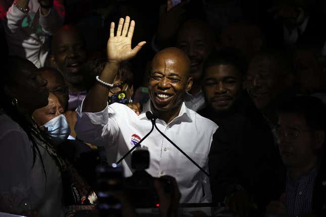 New York City mayoral candidate Eric Adams speaks during his election night party at Schimanski on June 22, 2021 in the Williamsburg neighborhood of Brooklyn borough in New York City. Adams currently leads in first-choice votes. This is the first year in the city for ranked-choice voting, which allows voters to rank their top five candidates. 