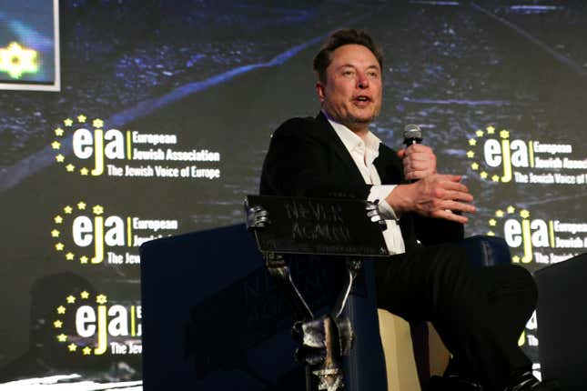 Elon Musk, CEO of Tesla and owner of X (formerly Twitter), is engaging in a conversation with right-wing commentator Ben Shapiro about anti-Semitism online at the EJA conference at the DoubleTree by Hilton in Krakow, Poland, on January 22, 2023. 