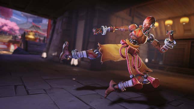 Zenyatta lets out a kick while in the Dhalsim skin.