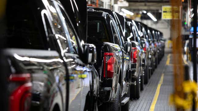 New Ford F-150 trucks go through the assembly line at the Ford Dearborn Plant on April 11, 2024 in Dearborn, Michigan.