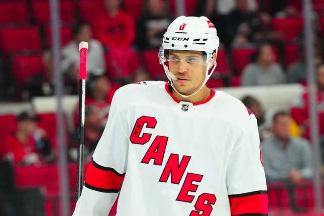 Sep 26, 2023; Raleigh, North Carolina, USA;  Carolina Hurricanes defensemen Caleb Jones (6) looks on against the Tampa Bay Lightning during the second period at PNC Arena.
