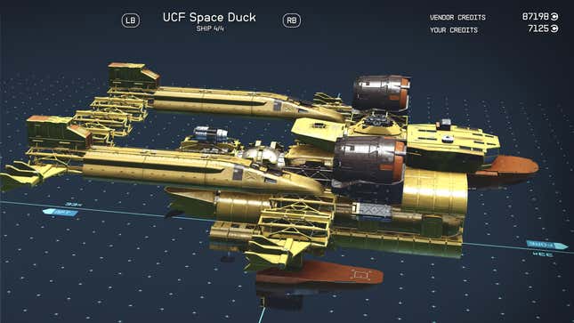 A remake of the Sea Duck from Talespin sits in Starfield's ship builder.