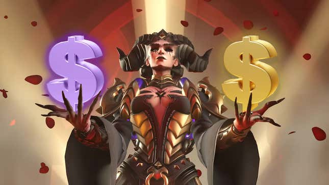 An Overwatch 2 image shows Lilith Moira holding purple and yellow dollar signs. 