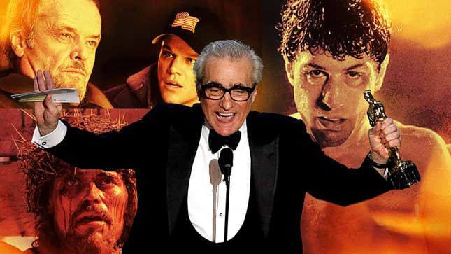 Clockwise from upper left: The Departed (Warner Bros.), Martin Scorsese accepting his Academy Award for Best Director (Kevin Winter/Getty Images), Raging Bull (United Artists), The Last Temptation Of Christ (Universal)