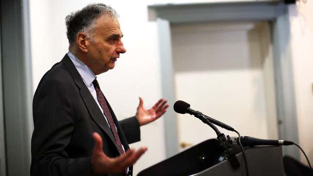 A photo of Ralph Nadar giving a speech. 