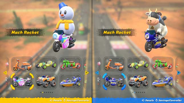 Snowman and Cow on differently designed Mach Rockets.
