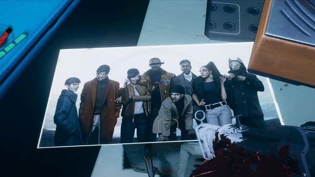 A photograph of Deathloop's main characters sits on a table. 