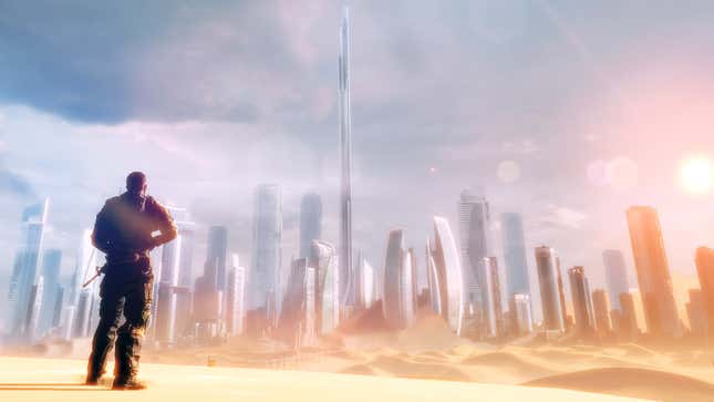 A soldier in Spec Ops: The Line stands and admires an empty Dubai at sunset.