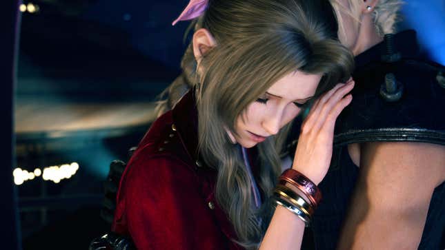 Aerith and Cloud hug during a date.