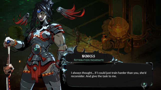 A screenshot of Nemesis talking to Melinoë in Hades 2.