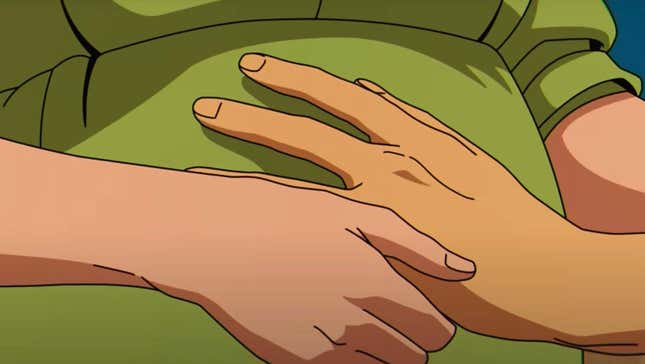 Jean holding Scott's hand to her pregnant stomach