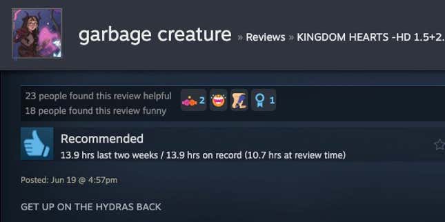 A Steam review reading "GEAT UP ON THE HYDRAS BACK."