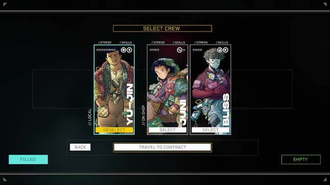 Three character portraits are shown under a "select crew" prompt