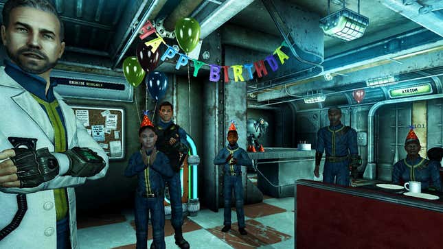 A screenshot shows a birthday party in Fallout 3. 