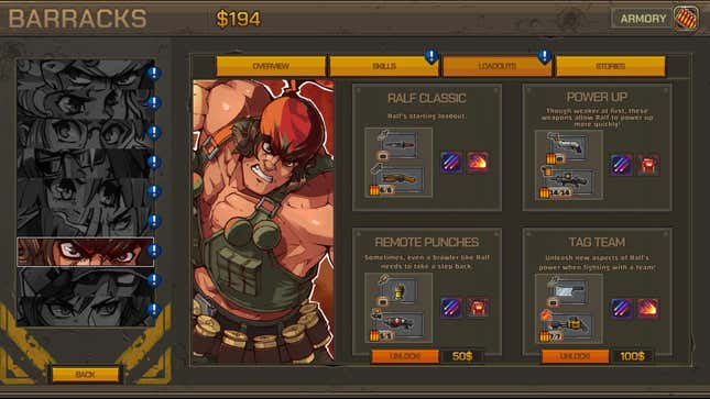 A screenshot shows loadout options for a Metal Slug Tactics character.