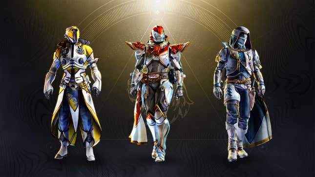 A promotional shot of Destiny's three classes (L-R: Warlock, Titan, Hunter) in new armor from Into the Light.