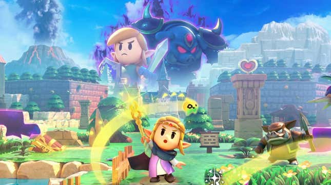 Offiicial art for Echoes of Wisdom shows Zelda in the foreground waving a wand while images of Link and Ganon loom in the background.