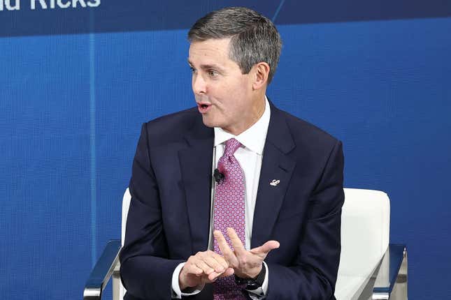 David Ricks, Chair and C.E.O. of Eli Lilly and Company, speaks during the New York Times annual DealBook summit at Jazz at Lincoln Center on December 04, 2024 in New York City. 