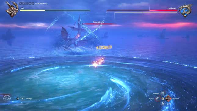A whirlpool-like formation is seen on the water's surface and the attack name Maelstrom is displayed.