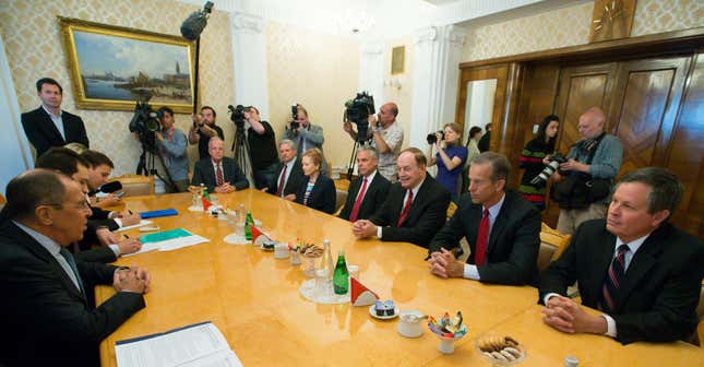 The US delegation on the right, with no Democrats present.