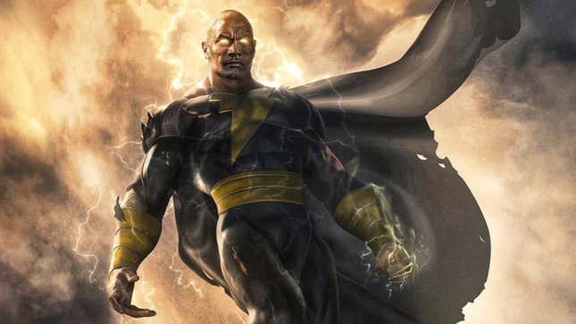 Concept art of Dwayne Johnson in his Black Adam costume for 2022's Black Adam, hovering in the air with lightning behind him. 