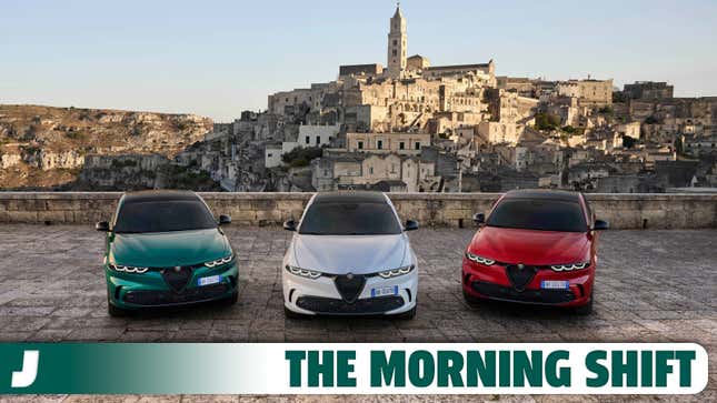 A photo of three Alfa Romeo SUVs parked up. 