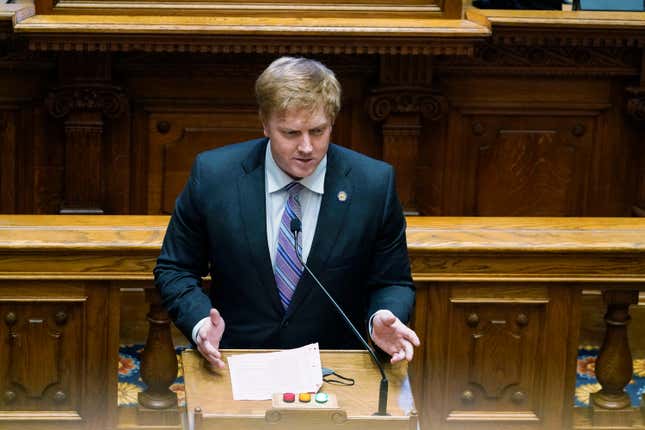 FILE - Senate Appropriations Committee Chairman Blake Tillery (R-Vidalia) speaks in the Senate chamber at the State Capitol on March 31, 2021, in Atlanta. Tillery says a Senate budget approved on Tuesday, March 26, 2024 will include pay raises for teachers and state government employees. (AP Photo/Brynn Anderson, file)