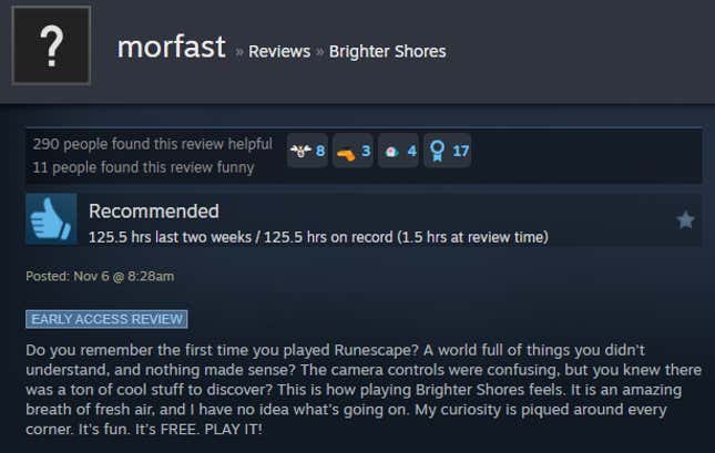 A screenshot shows a Steam user review of Brighter Shores.