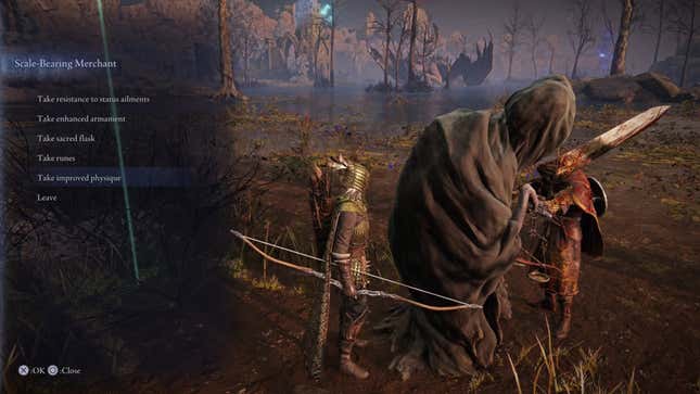Player characters chat with the Scale-Bearing Merchant.