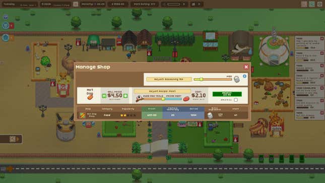 A screenshot from Let's Build a Zoo showing how to manage a hot dog shop. 