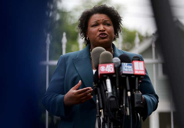 Democratic gubernatorial candidate Stacey Abrams speaks to the media during a press conference at the Israel Baptist Church as voters head to the polls during the Georgia primary on May 24, 2022, in Atlanta, Georgia. 