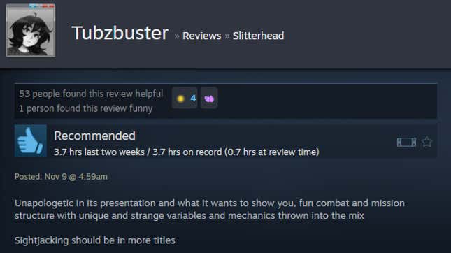 A screenshot shows a Steam user review for Slitterhead.