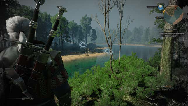 Geralt looks at some monsters on a shoreline.