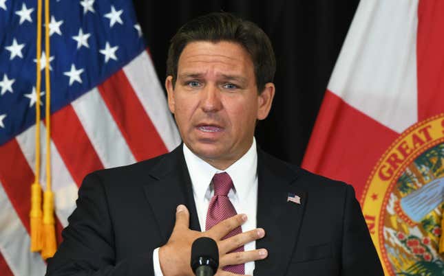 SANFORD, FLORIDA, UNITED STATES - 2024/04/08: Florida Gov. Ron DeSantis speaks at a press conference in Sanford, Florida