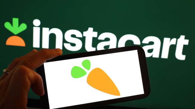 In this photo illustration, the Instacart logo is displayed on a computer monitor on August 28, 2023 in San Anselmo, California. Grocery delivery company Instacart filed for its initial public offering on Friday with hopes to start trading on the Nasdaq by next month.