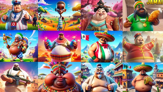 A collage of some of the offensive images Kotaku has found in Fortnite. 