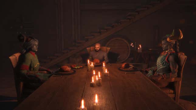 Rook sits with Taash and their mother at a dinner table.