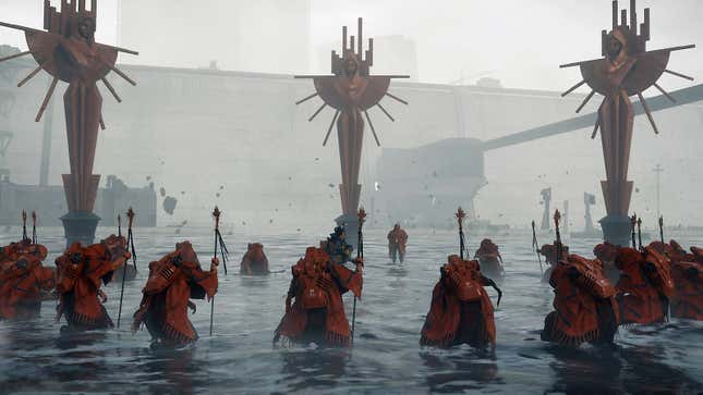 People gather around strange icons.