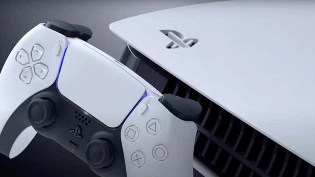 A PS5 and DualSense float in front of a grey background. 
